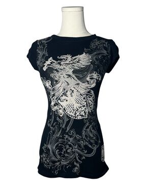 Y2K Vintage Phoenix Bling Crest Fitted Tee Shirt Grunge Goth Alternative